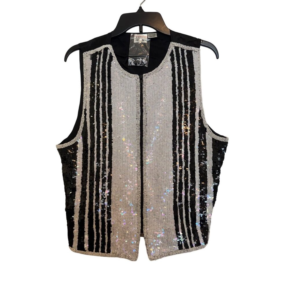 Vintage Halsey Collection Sequined Vest Women XL Black & Silver Sparkle Zip Clos
